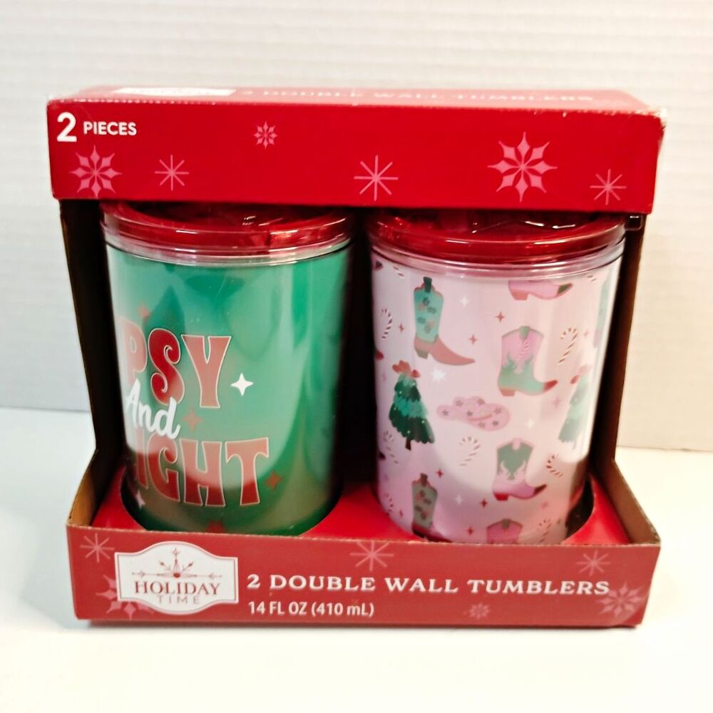 Holiday Time Double Wall Tumblers 14 fl oz w/ Lids 2pc Green Pink Christmas